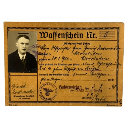 German Weapons License issued 1940 (Original) - Photo 1
