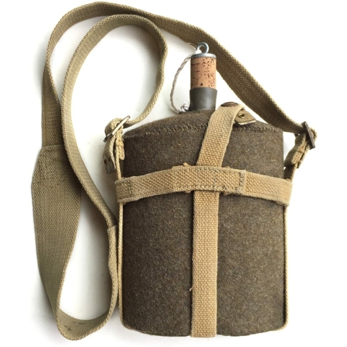 WW2 British Military Issue P-37 Canteen with Khaki Cover and Canvas Webbing Cradle, Shoulder Strap and two M.W.&S Ammo Pouches