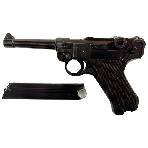 Original German 1940 P.08 42 CODE All-Matching Luger Pistol with Wood Checkered Grips and Matching Magazine