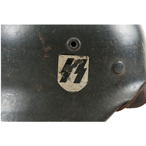 WW2 Original German M40 ET64 Single Decal SS Helmet with Liner & Leather Chin Strap 