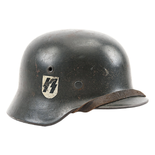 WW2 Original German M40 ET64 Single Decal SS Helmet with Liner & Leather Chin Strap 