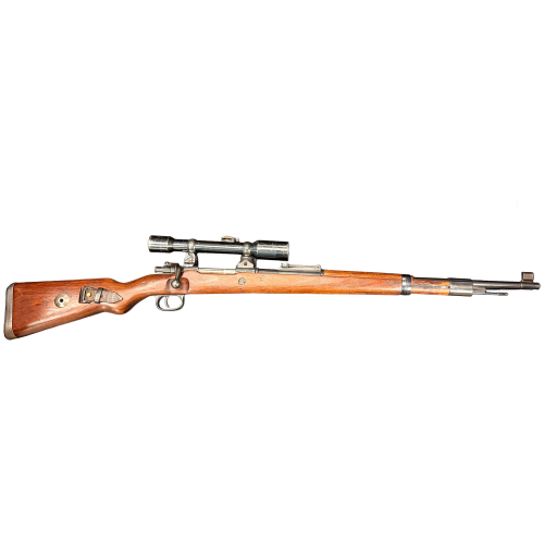 WW2 German BYF K98 All-Matching Bolt-Action Sniper Rifle & Leather Sling Dated 1944 With AJACK 4x90 Scope & Matching Turret Pattern Mounts by A. Jackenkroll Berlin.
