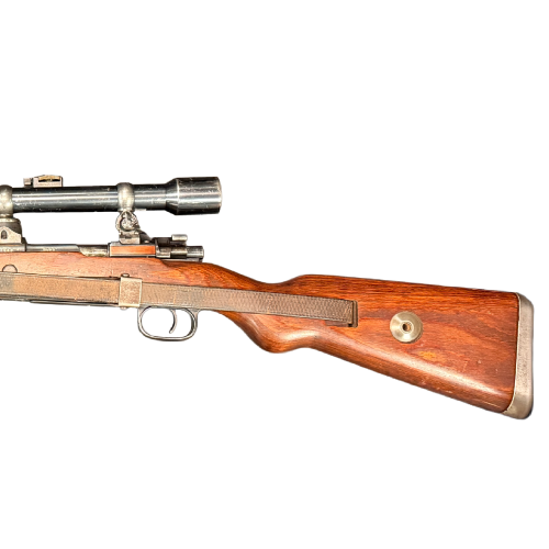 German BYF K98  Bolt-Action Sniper Rifle & Leather Sling Dated 1944 With AJACK 4x90 Scope & Matching Turret Pattern Mounts by A. Jackenkroll Berlin