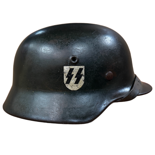 WW2 Original German M40 ET64 Single Decal SS Helmet with Leather Named Liner & Chin Strap