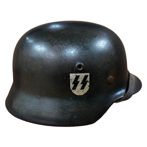 WW2 German M40 ET64 Single Decal SS Helmet with Leather Named Liner & Chin Strap (Original)  - Photo 7