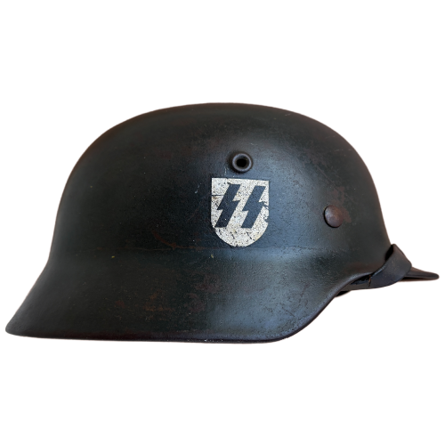 German M40 ET64 Single Decal SS Helmet with Leather Named Liner & Chin Strap