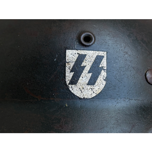 WW2 German M40 ET64 Single Decal SS Helmet with Leather Named Liner & Chin Strap (Original)  - Photo 5