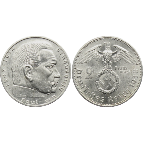 Original Third Reich WW2 Nazi German 2 Reichsmark Hindenburg Silver Coin w/ Swastika