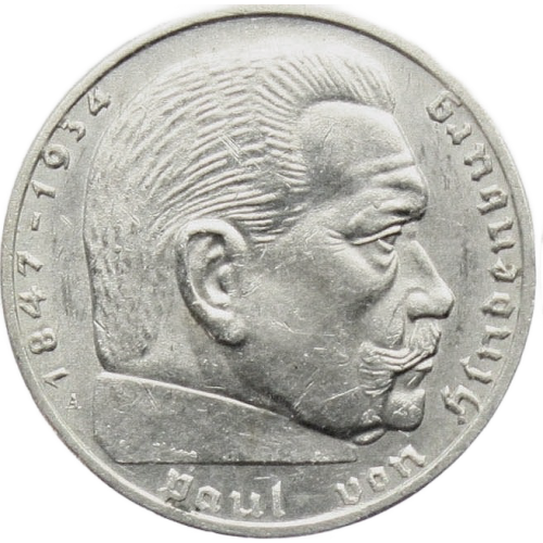 Third Reich WW2 Nazi German 2 Reichsmark Hindenburg Silver Coin w/ Swastika