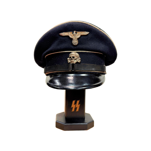 German SS Marked Black Lacquered Hardwood Helmet Display with Adjustible Insert