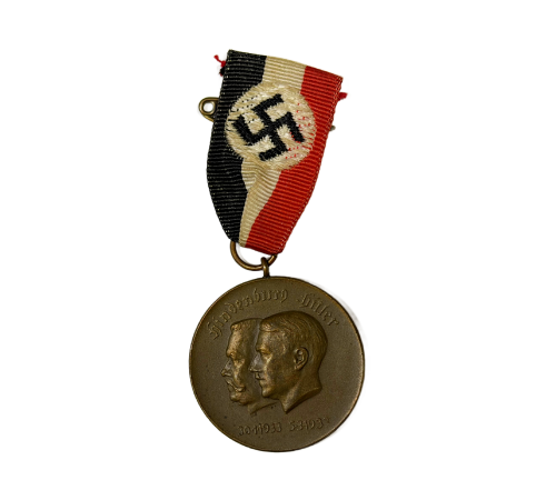 German 1933 Hindenburg/Hitler Unity Medel In Bronze with National Tri-Color Ribbon Pinback Hanger