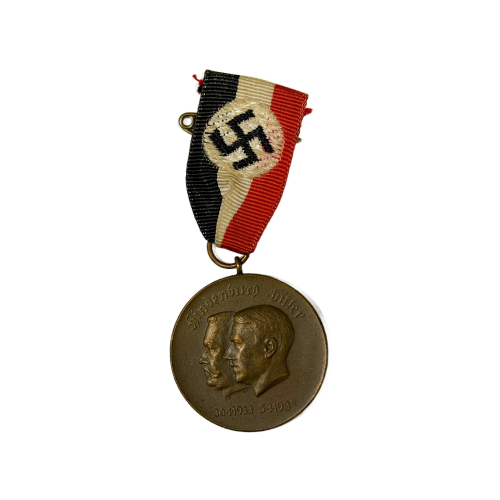 German 1933 Hindenburg/Hitler Unity Medel In Bronze with National Tri-Color Ribbon Pinback Hanger