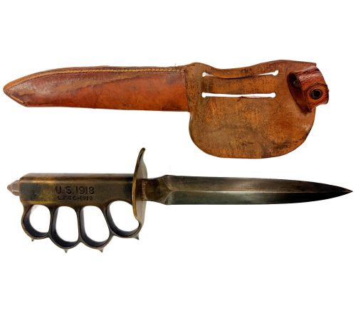 WW2 Original US 1918 LF&C Mark1 Trench Knuckle Fighting Knife by Landers with Leather Scabbard