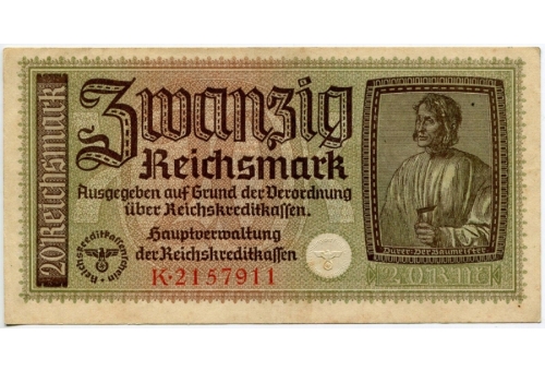 20 Reichsmark WWII-Era Genuine Third Reich 1939-1945 Nazi Germany Banknote