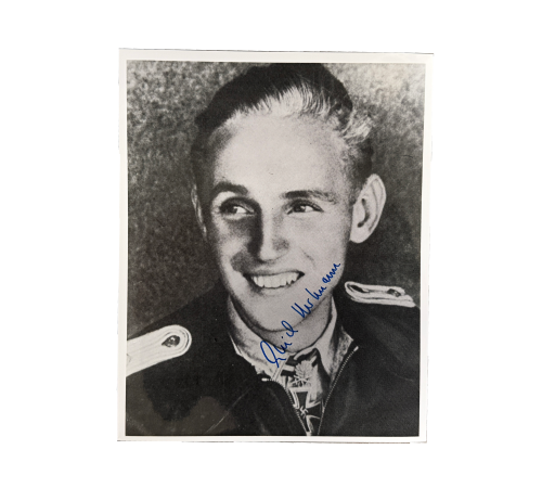 Original Signed Photograph of Luftwaffe Ace Erich Hartmann nicknamed Bubi-Awarded Knights Cross with Oak Leaves- Swords & Diamonds graph