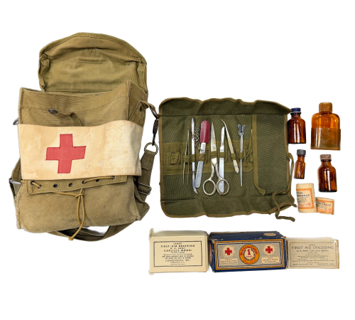 WW2 Original US Army Medics Bag & Red Cross Armband with Original Medical Supplies Content for Sale