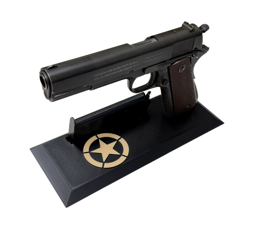 US 1911/1911A1 Pistol & Magazine 3D Printed Display Stand in Black with Edged US Army Star Insignia